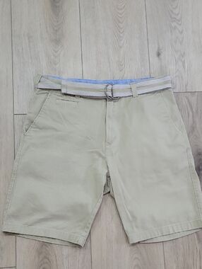 Men's Light Khaki Flat Front Shorts with Casual Web Belt